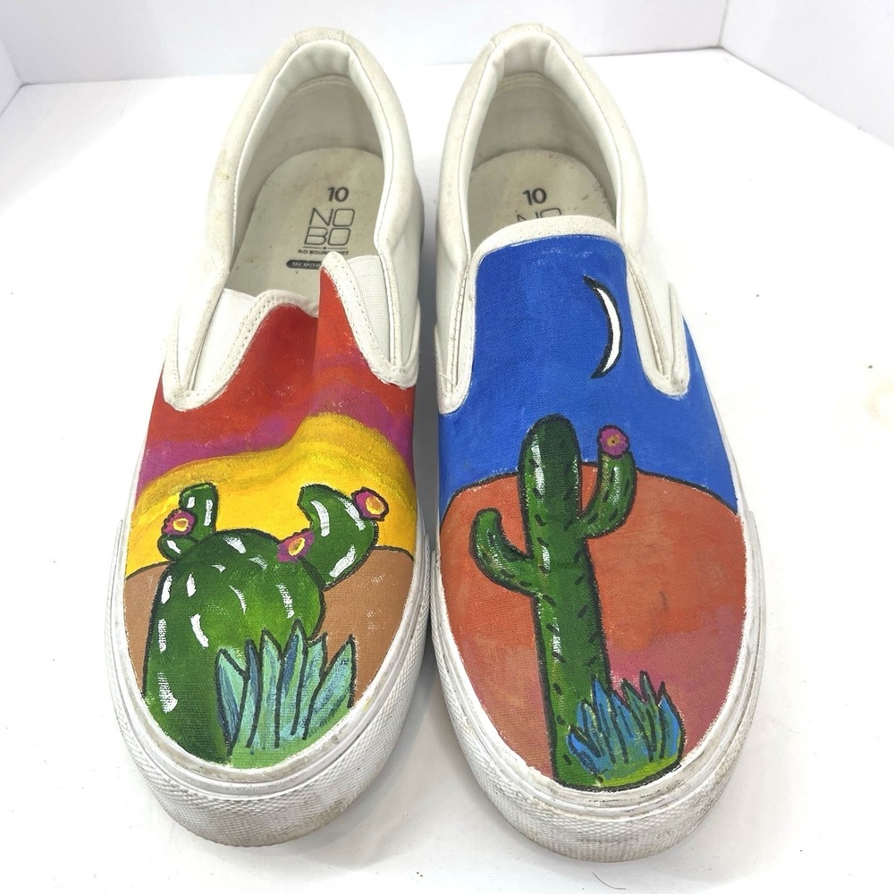 Wearable Art Custom Painted Slip On Shoes Women's 10‎ Desert Cactus Moon Sunset